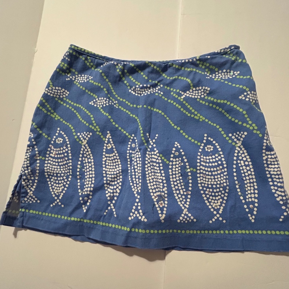 Bamboo Traders Blue Fish Print Sequin Skort Side Zip Size 8P